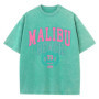 Malibu Beach Washed T-Shirt Women Letter Printing Cotton T Shirt Comfortable Crewneck Tops Casual Oversized Tees Female Clothes