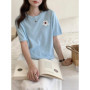 Summer Women's T-Shirt 100 Cotton Sweater Short Sleeve Knit Round Neck Ladies Top Loose Fashion Embroidery Tees Blouse Pullover