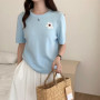 Summer Women's T-Shirt 100 Cotton Sweater Short Sleeve Knit Round Neck Ladies Top Loose Fashion Embroidery Tees Blouse Pullover