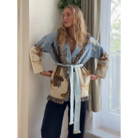 Knitted Tassel Patchwork Belts Cardigans Women Elegant Loose V-neck Colorful Female Sweaters 2025 Autumn Street Vacation Tops