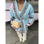 Knitted Tassel Patchwork Belts Cardigans Women Elegant Loose V-neck Colorful Female Sweaters 2025 Autumn Street Vacation Tops