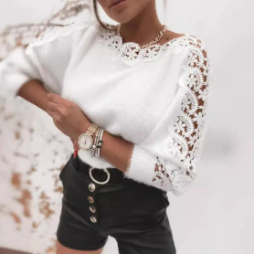 Fall/Winter New Wool Pullover Sweater Fashion Lace Splicing Long Sleeve Tops Women Solid Color Soft Loose Knitted Sweaters