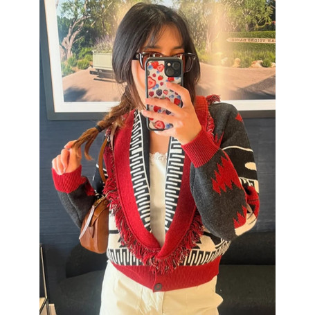 Tassel Patchwork Printed Cardigan Women Turn-down Collar Long Sleeve Knitted Fashion Lady Sweater Vintage 2025 Autumn Cardigans