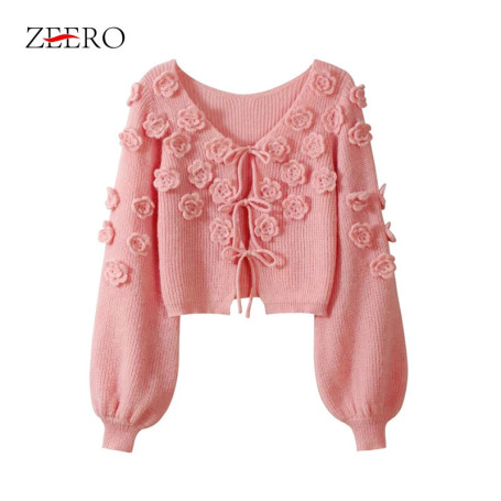 Spring Women Sweet Pink 3D Flowers V-neck Knitted Sweater Jacket Tops Female Lantern Sleeve Loose Versatile Pullover Cardigans