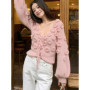 Spring Women Sweet Pink 3D Flowers V-neck Knitted Sweater Jacket Tops Female Lantern Sleeve Loose Versatile Pullover Cardigans
