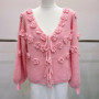 Spring Women Sweet Pink 3D Flowers V-neck Knitted Sweater Jacket Tops Female Lantern Sleeve Loose Versatile Pullover Cardigans