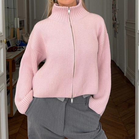 Chic Women's Zipper High Neck Knit Cardigan Premium Fashionable Soild Color Quality Loose Fall Winter Sweater Coat