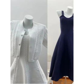 Spring New 2 Colors Female A-Line Temperament Slim Sling Dress + Single Breasted O-Neck Short Cardigan Tops