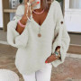 Lady Casual Knitted V Neck Sweater Fall Winter Fashion Button Warm Commuter Jumper Elegant Solid Adjustable Long Sleeve Pullover