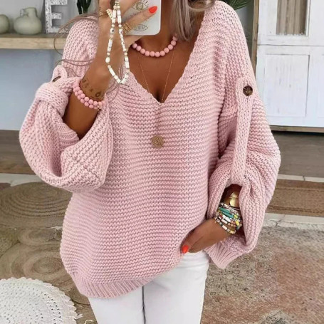 Lady Casual Knitted V Neck Sweater Fall Winter Fashion Button Warm Commuter Jumper Elegant Solid Adjustable Long Sleeve Pullover