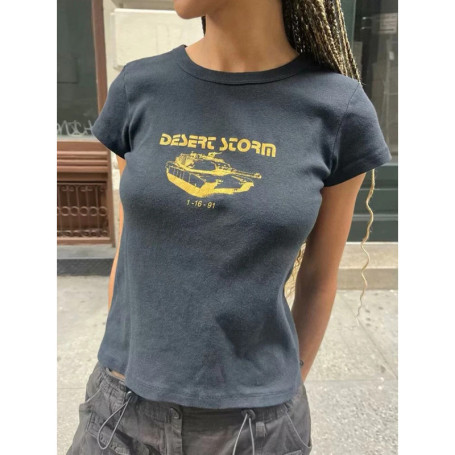 Casual Women Letter Print Slim Crop Top Round Neck Cotton Short Sleeve Summer Casual Vintage Tees Female Streetwear T-shirts New