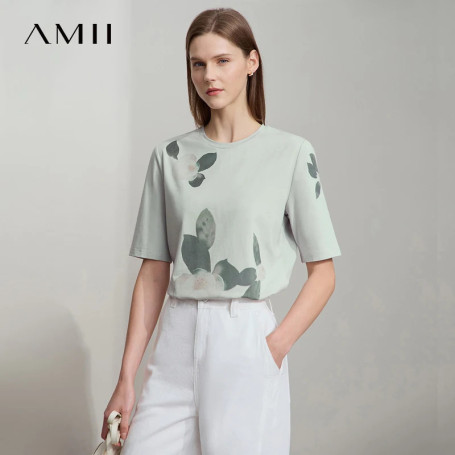AMII Casual Print Summer T-shirts Women 2025 Short Sleeve Round Neck Flower Straight Shirt Woman Fashion Stretch Tops 12522100
