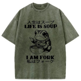 2026 Funny Printing Frog Washed T Shirt Life Is Soup I Am Fork Unisex Tee Summer Holiday Oversize O-Neck Short Sleeve Cotton Top