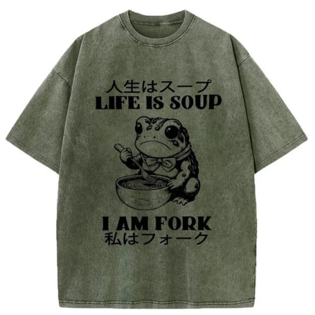 2026 Funny Printing Frog Washed T Shirt Life Is Soup I Am Fork Unisex Tee Summer Holiday Oversize O-Neck Short Sleeve Cotton Top