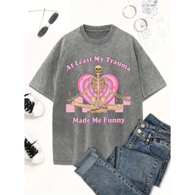Halloween Washed Cotton Women's Skeleton Graphic T-Shirt Funny "At Least My Trauma Made Me Funny" Crew Neck Casual Shirt Top