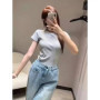 Women's Slim Fit T-Shirt Summer Short Sleeve Round Neck Casual Top Solid Color Retro Embroidery Moon Design Versatile Innerwear