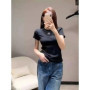 Women's Slim Fit T-Shirt Summer Short Sleeve Round Neck Casual Top Solid Color Retro Embroidery Moon Design Versatile Innerwear