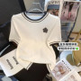 Women 2025 New Summer Camellia Ice Silk Short-sleeved T-shirt to Make You Look Slim and Shoulder Knitted Top