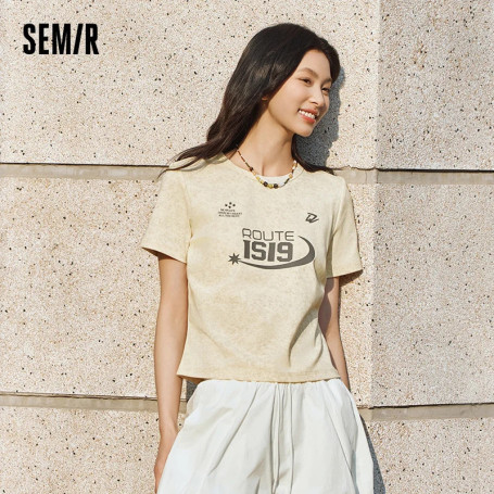 Semir Women Cropped T-Shirt Retro Batik Print Short Sleeve 2025 Summer Edgy Streetwear Top