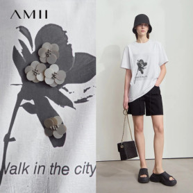 Amii Women's T-Shirt Minimalist New O-Neck Drop Shoulder Short Sleeve Rose Silhouette Print Sequin Embellishment Top 12512002