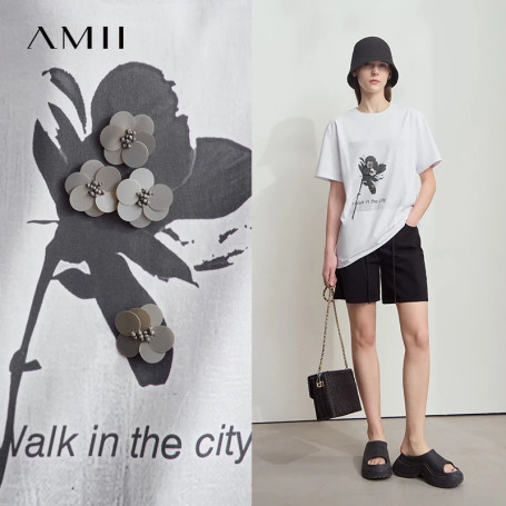 Amii Women's T-Shirt Minimalist New O-Neck Drop Shoulder Short Sleeve Rose Silhouette Print Sequin Embellishment Top 12512002