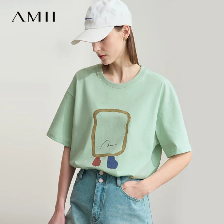 AMII Minimalist Summer T-shirts Women Casual Short Sleeve O Neck Print T-Shirt Female 2025 New Fashion Loose Tee Tops 12542182