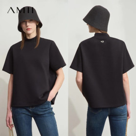 AMII Casual Top Women 2025 Summer New Printed Turtleneck Short Sleeve Shirts For Woman Fashion Letter Knit Clothes Lady 12522021