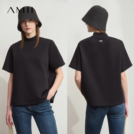 AMII Casual Top Women 2025 Summer New Printed Turtleneck Short Sleeve Shirts For Woman Fashion Letter Knit Clothes Lady 12522021