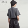 AMII Casual Top Women 2025 Summer New Printed Turtleneck Short Sleeve Shirts For Woman Fashion Letter Knit Clothes Lady 12522021