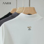 AMII Casual Top Women 2025 Summer New Printed Turtleneck Short Sleeve Shirts For Woman Fashion Letter Knit Clothes Lady 12522021