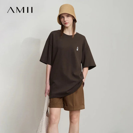 Amii Minimal Loose Women's T-Shirt Medium Long Shoulder Short Sleeve 2025 Spring New Embroidered Casual Commuter Tops 12541167