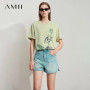 Amii Women's T-Shirt Minimalist 2025 New Summer Casual Collegiate Style Loose Mid Length Printed Round Neck Lyocell Top 12522008