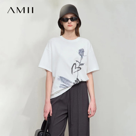 Amii Women's T-Shirt Minimalist 2025 New Summer Casual Collegiate Style Loose Mid Length Printed Round Neck Lyocell Top 12522008