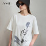 Amii Women's T-Shirt Minimalist 2025 New Summer Casual Collegiate Style Loose Mid Length Printed Round Neck Lyocell Top 12522008