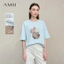 Amii Women's T-shirt 2026 Spring New Casual Crew Neck Down Shoulder Sleeves Printing T-Shirt Women's Loose Cotton Top 12611006