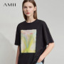 AMII Minimalist Top Women 2025 New Summer Print Short Sleeve Round Neck Loose Shirts Female Versatile Casual Ladies Top 12522102