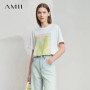 AMII Minimalist Top Women 2025 New Summer Print Short Sleeve Round Neck Loose Shirts Female Versatile Casual Ladies Top 12522102