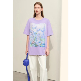 Amii Minimalism T-shirt For Women 2024 Summer New Short-sleeve Cotton Mid-length Art Oil Paint Print Casual Female Tops 12442171