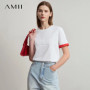 Amii Minimalist Casual Women T-shirt 2025 Summer Short Sleeve O Neck Straight Letters Color Contrast Embroidery Tops 12522098