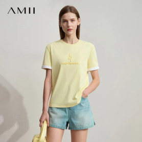 Amii Minimalist Casual Women T-shirt 2025 Summer Short Sleeve O Neck Straight Letters Color Contrast Embroidery Tops 12522098