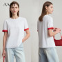 Amii Minimalist Casual Women T-shirt 2025 Summer Short Sleeve O Neck Straight Letters Color Contrast Embroidery Tops 12522098