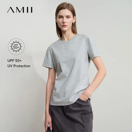 AMII Casual Print Shirt Women Summer New 2025 Short Sleeve Round Neck Baroque Pearl Straight T-shirts Woman Fashion 12522059
