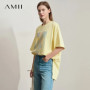 Amii Minimalist Summer T-shirt Women Irregular Design Tops Casual O-neck Abstract Print Loose Dropped Shoulder T-shirt 12522081