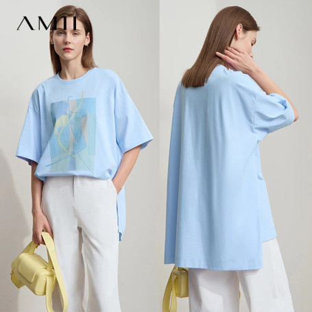 Amii Minimalist Summer T-shirt Women Irregular Design Tops Casual O-neck Abstract Print Loose Dropped Shoulder T-shirt 12522081