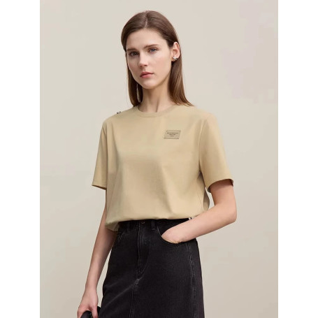 Amii Women's Cotton T-Shirt 2026 Summer New Round Neck Metal Patch Casual Tops Loose Fit Short Sleeve Women's Tee Shirt 12642014