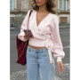 Women's Solid Color Knit Sweater V-Neck Puff Long Sleeve Tie Waist Crop Top Casual Stylish Cardigan For Daily Wear & Dating