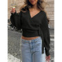 Women's Solid Color Knit Sweater V-Neck Puff Long Sleeve Tie Waist Crop Top Casual Stylish Cardigan For Daily Wear & Dating