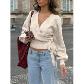 Women's Solid Color Knit Sweater V-Neck Puff Long Sleeve Tie Waist Crop Top Casual Stylish Cardigan For Daily Wear & Dating