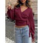 Women's Solid Color Knit Sweater V-Neck Puff Long Sleeve Tie Waist Crop Top Casual Stylish Cardigan For Daily Wear & Dating