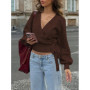 Women's Solid Color Knit Sweater V-Neck Puff Long Sleeve Tie Waist Crop Top Casual Stylish Cardigan For Daily Wear & Dating
